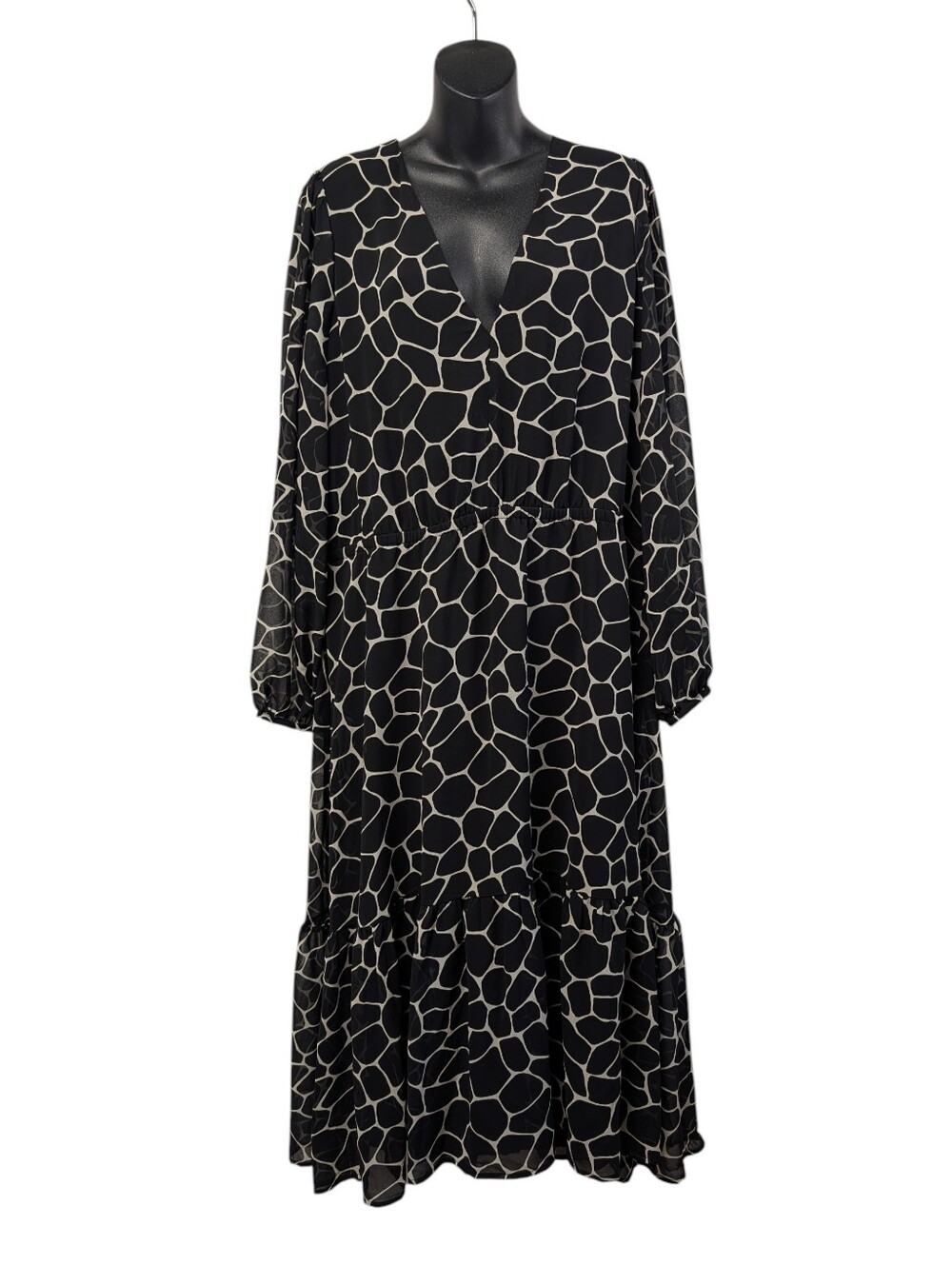 Banana Republic Black Cream Giraffe Print Tiered Long Sleeve Midi Dress NWT XL - Picture 1 of 9